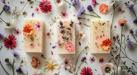 A piece of natural handmade soap with flowers on a white background.