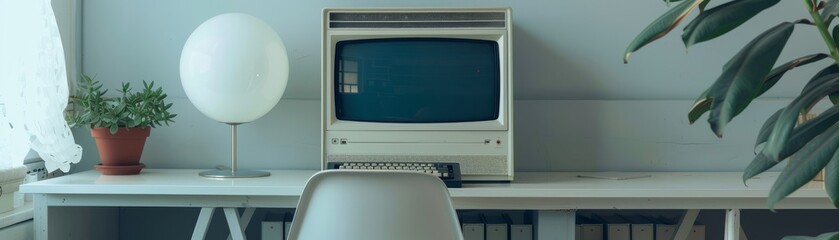Legacy computer systems showcased in a white minimalist studio highlighting retro elegance