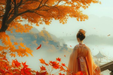 Obraz premium Tranquil and serene autumn elegance with a traditional attire woman in a misty fall landscape. Surrounded by the peaceful and contemplative beauty of nature. Foliage. And warm orange leaves