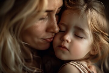 A woman embraces a little girl in a dimly lit room