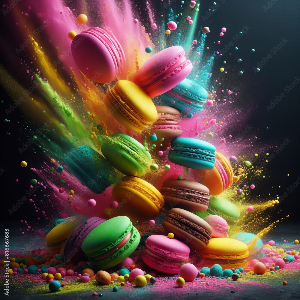 Poster A dynamic explosion of colorful macarons amidst a cascade of sweets, showcasing a vivid splash of colors and confectionery delight.. AI Generation