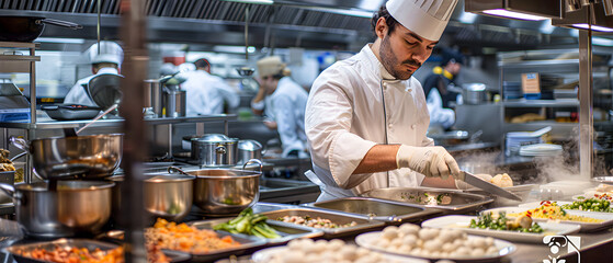 The chef is cooking in the kitchen.