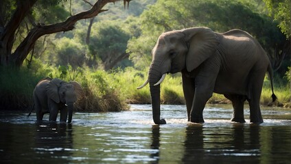Fototapeta premium Large African elephant and baby elephant with tough wrinkled grey skin at the watering hole