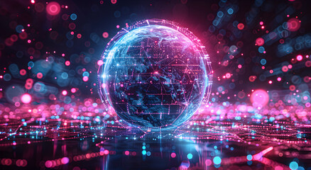 Fototapeta premium A globe of a planet surrounded by neural neon lines, grid and nodes.