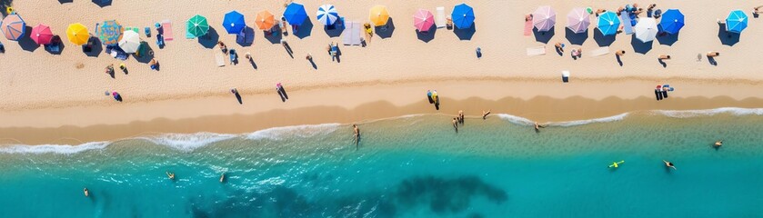 Top view of the beach with sunshades and people on the sand.
