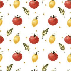 Watercolor vegetables seamless pattern. Fresh healthy food background. Yellow and red tomatoes. Agriculture, local farmers market, diet, organic cooking illustration, print for textile