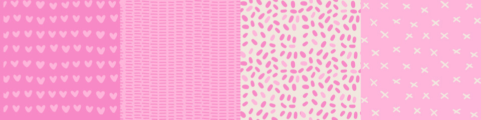 Set of simple hand drawn pink seamless patterns. Cute childish design. Wallpaper for little baby girl Pink dotted backgrounds collection. Vector illustration wrap fabric cloth textile naive design
