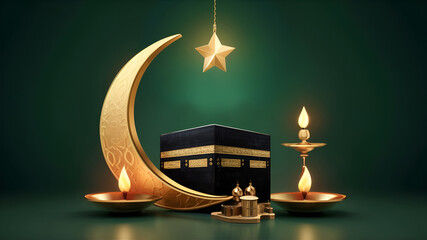 Unveiling the symbols of Eid al Adha, star and crescent, Kaaba, and oil lamps mockup template