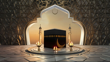 Unveiling the symbols of Eid al Adha, star and crescent, Kaaba, and oil lamps mockup template