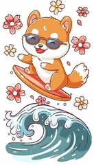 Adorable dog riding wave with sunglasses and flower necklace on summer surfing adventure