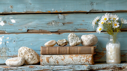 Rustic charm, books and blooms on vintage wood