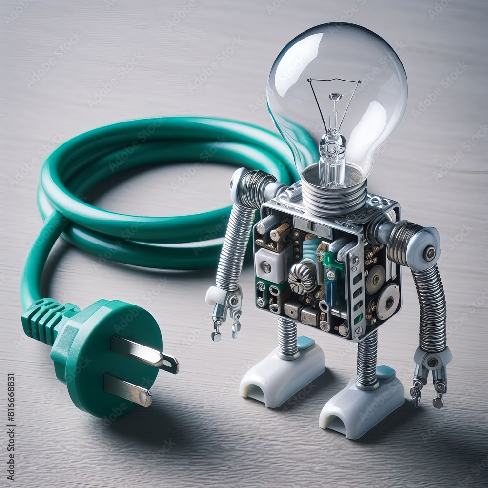 Poster a whimsical robot made of circuit parts holding a glowing light bulb attached to a green power cord.