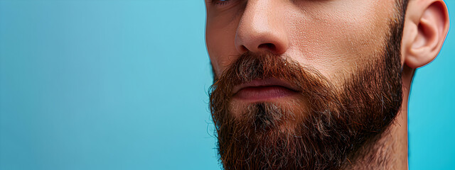Fototapeta premium Close-up of a man's face with a well-groomed beard and mustache on a colored background.