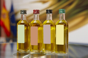 Bottles of different kinds of spanish extra olive oil. Cuisine