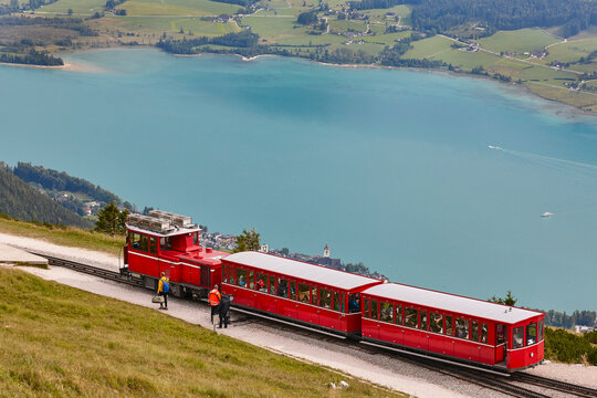 Mondsee lake and Schafberg train in Salzburg region. Austria, Europe