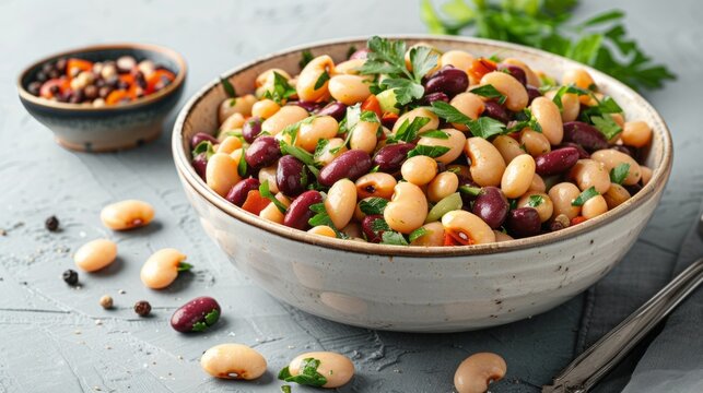 Three bean salad with parsley in a bowl.