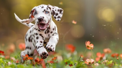 Cute dalmatian puppy is running through a field of flowers