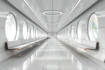 Long hallway with oval windows and minimalist benches, ideal for backgrounds in sci-fi or modern architecture settings.