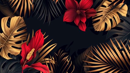 Black and gold leaves on dark background modern poster Beautiful botanical design with golden tropic jungle palm leaves, exotic red flower Wedding ceremony invitation card, Christmas greeting