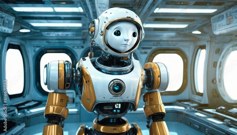 Poster a futuristic robot with a humanoid face and golden arms stands in a spacecraft corridor, evoking cur