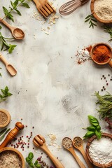 Variety of kitchen utensils and ingredients neatly arranged on pristine white kitchen counter