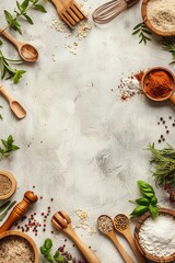 Obraz na płótnie Canvas Variety of kitchen utensils and ingredients neatly arranged on pristine white kitchen counter