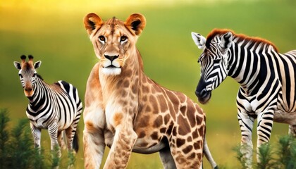 An imaginative digital artwork featuring a lion's head on a giraffe's body standing alongside two zebras in a vibrant grassland setting.. AI Generation