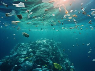 Fototapeta na wymiar Underwater plastic pollution. Discarded bottles and bagsShang Hai Hai Yang Sheng Wu .