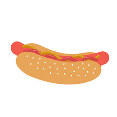 Hot Dog with Ketchup and Mustard. Fast food meal. Vector illustration isolated on white background.