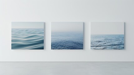 Different angles of tranquil seascapes displayed against a clean white surface, showcasing the soothing beauty of ocean views.