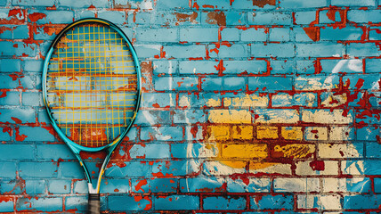 Pop art comic street graffiti with tennis racket on brick wall. Retro poster concept. Tennis...
