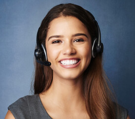 Girl, smile and studio portrait for call center work, telemarketing career and virtual assistant...