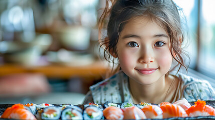 Delightful sushi with joyful child's anticipation
