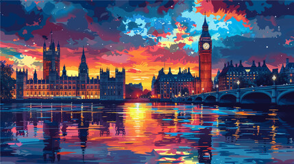 Illustration in vectorial of london city sunset, big ben and westminster palace on the background