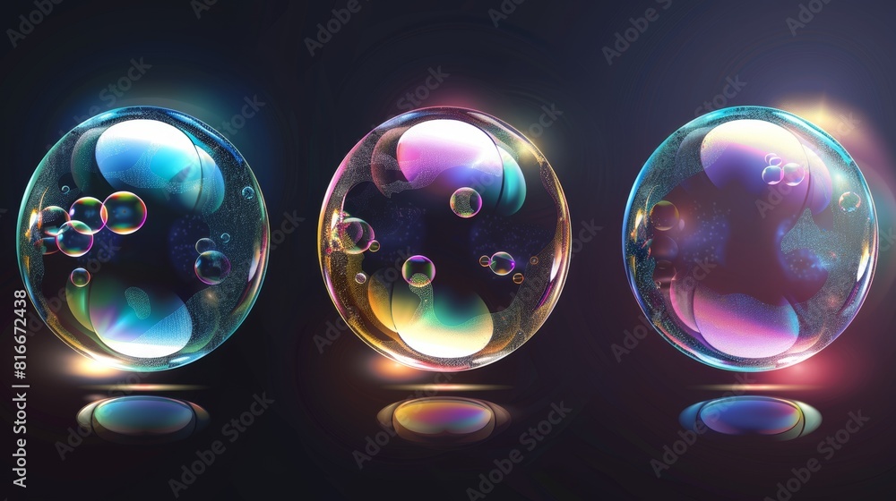 Poster an illustration of exploding transparent soap bubbles with reflections and highlights, isolated on b