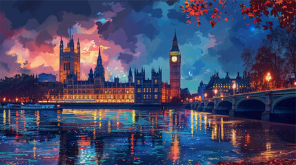 Illustration in vectorial of london city at night, big ben and westminster palace on the background