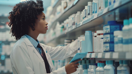 A female pharmacist looks at medications to advise pills to a patient - Powered by Adobe