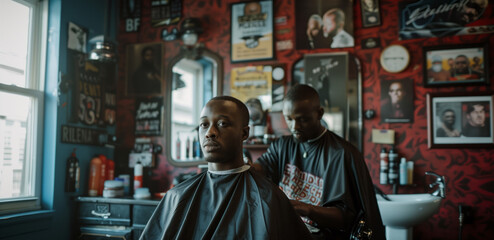 A male barber cuts his African-American client's hair at a barbershop