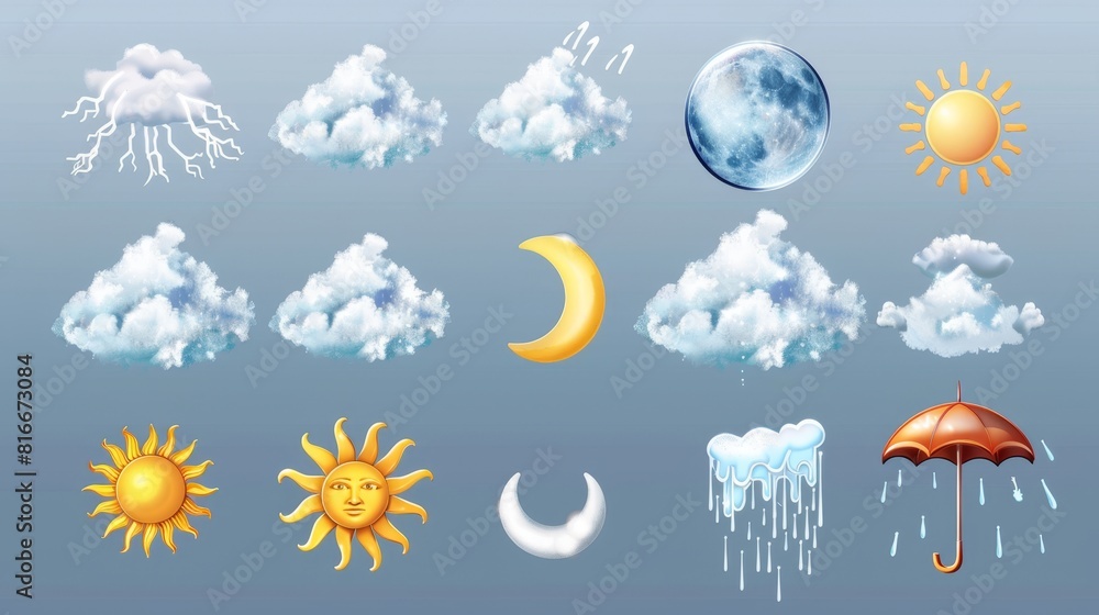 Poster set of realistic weather meteo icons with snow, rain, and thunderstorm isolated on transparent backg