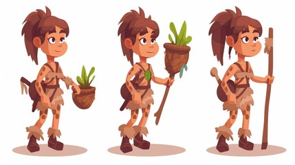 Modern cartoon illustration of an ancient caveman woman wearing animal skin clothing and holding a basket for a plant collection.