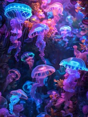 Digitally create an immersive underwater symphony scene from an aerial perspective Picture glowing jellyfish as ethereal orchestral lights