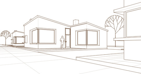 cottage town sketch 3D illustration