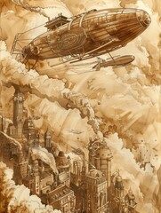 Illustrate a birds-eye view Steampunk aviator navigating a metallic cityscape with clockwork airships amidst billowing steam clouds using intricate line work and sepia tones