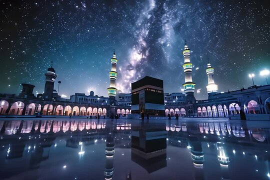 Nocturnal Pilgrimage, Majestic Kaaba Amidst Night Sky, Emanating Spiritual Aura and Reverence in the Holy City of Mecca.