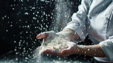 Fototapeta premium background chef hand clap with splash of white flour 