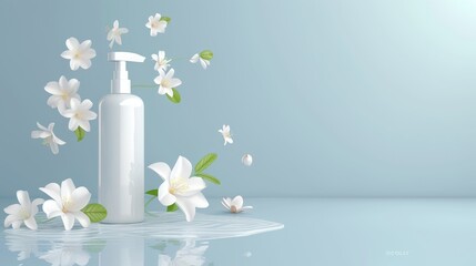 A realistic white modern poster with liquid soap packaging and falling jasmine flowers. Skin care cosmetics body lotion, washing gel, or cleaner in white bottles with pumps.