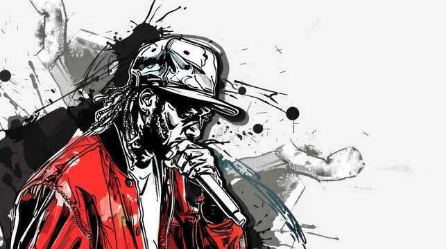 One rappers, rasta dj, graffer, bboy, old school hip hop, rap attack, comic color drawing, black strokes, white background, old school