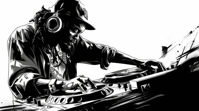 One rappers, rasta dj, graffer, bboy, old school hip hop, rap attack, comic color drawing, black strokes, white background, old school