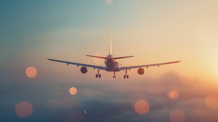 Fototapeta premium A plane ascends at dawn, bound for another city or country. Its silhouette against the rising sun hints at the journey ahead, full of promise and discovery.