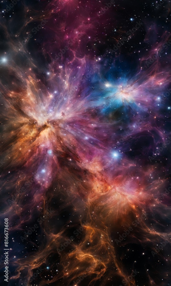 Poster captivating deep space scene with swirling nebulae amidst stars, evoking wonder and the vastness of 